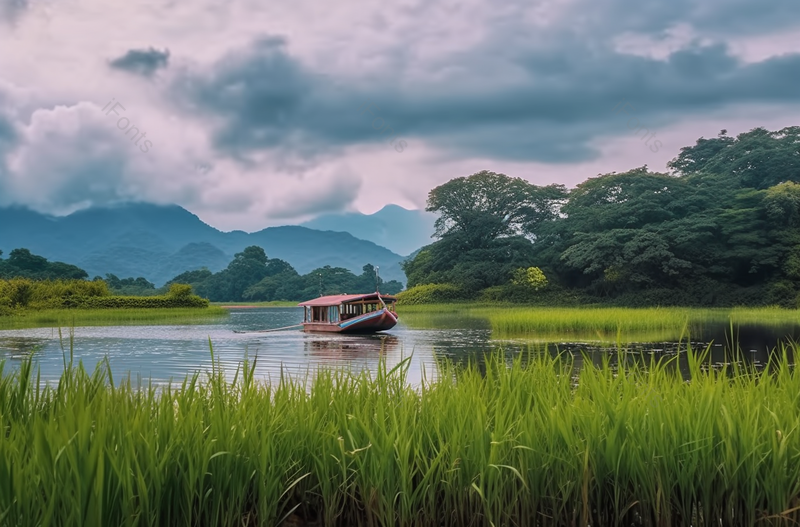 绿色蓝天白云湖边游玩草绿小船摄影背景,高清,摄影图,摄影图片,图片大全,摄影图免费下载